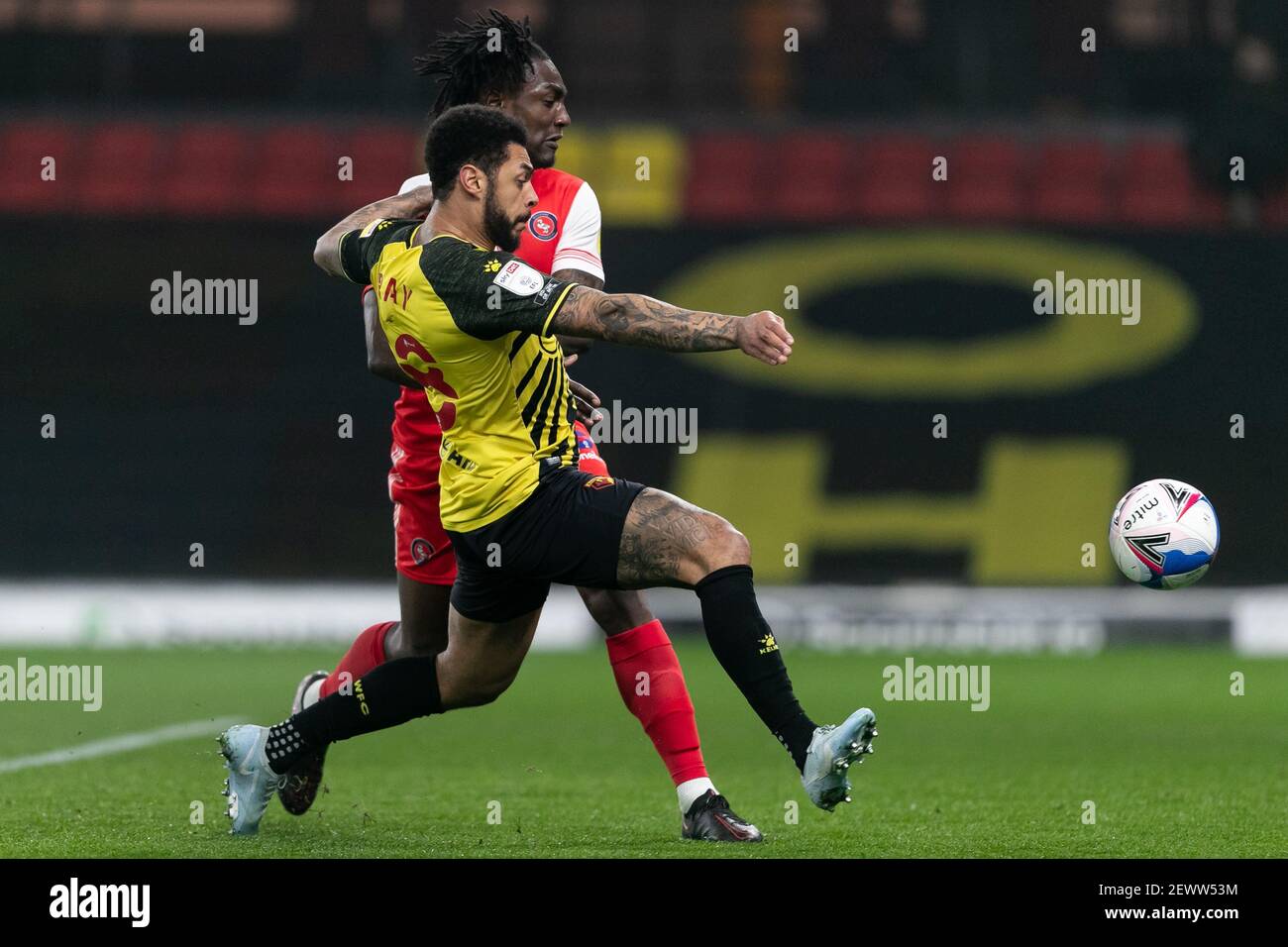 WATFORD, INGHILTERRA. 3 MARZO: Andre Grey di Watford calcia la palla durante la partita del campionato Sky Bet tra Watford e Wycombe Wanderers a Vicarage Road, Watford mercoledì 3 marzo 2021. (Credit: Juan Gasparini | MI News) Credit: MI News & Sport /Alamy Live News Foto Stock