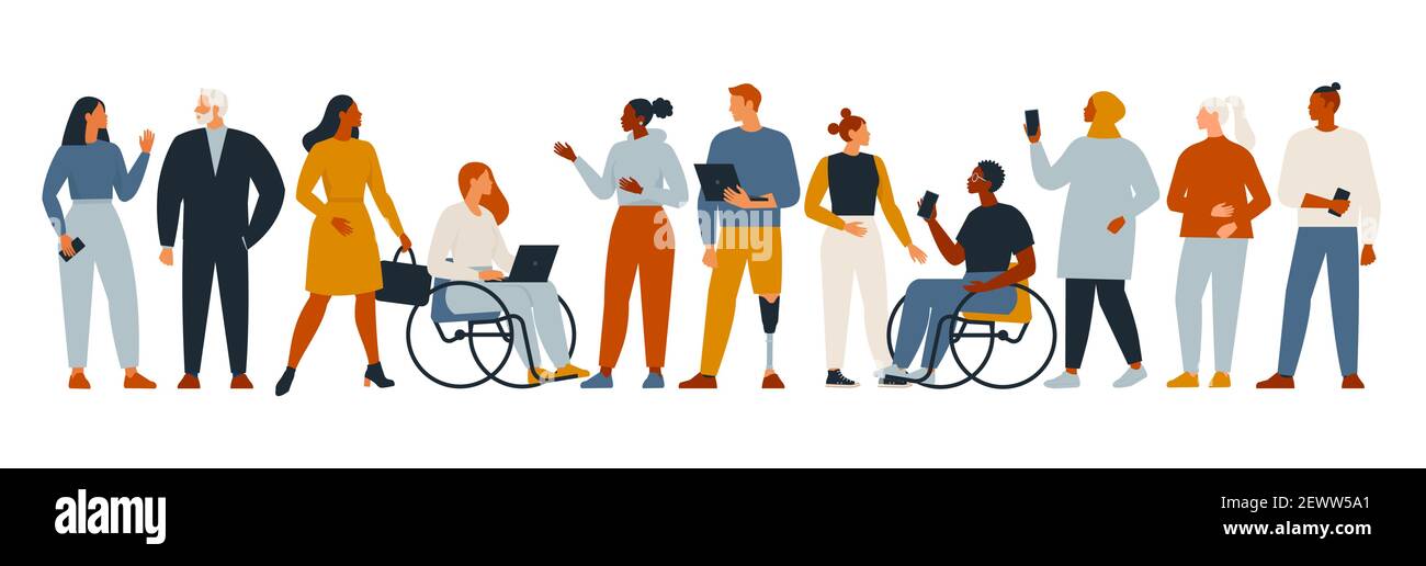 Il gruppo eterogeneo di persone, imprenditori o lavoratori d'ufficio isolato su sfondo bianco. Multinazionale. Uomini e donne anziani e giovani in posizione di stallo Illustrazione Vettoriale