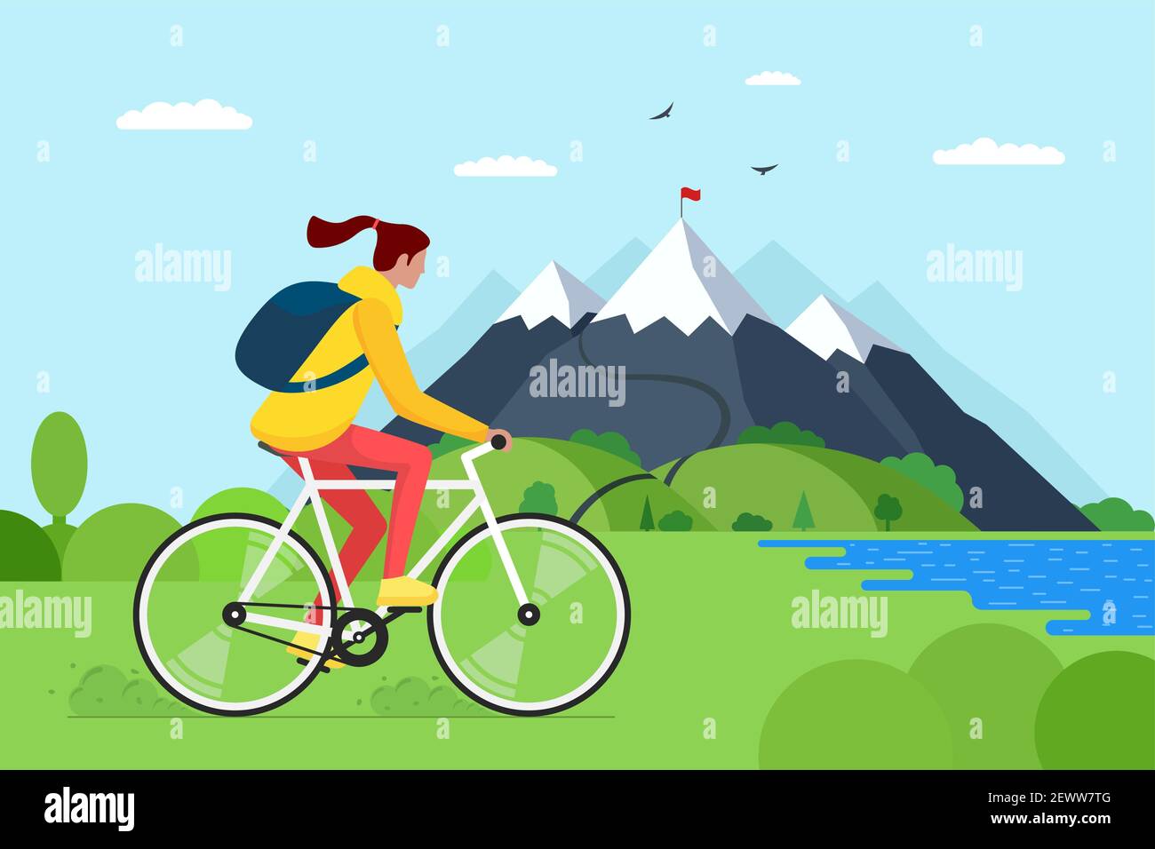 Giovane donna in bicicletta in montagna. Ragazza biciciclista turista con zaino in bicicletta viaggio in natura. Ciclista femminile attività ricreativa sul lago di collina e la foresta. Illustrazione del vettore di giro in bicicletta Illustrazione Vettoriale