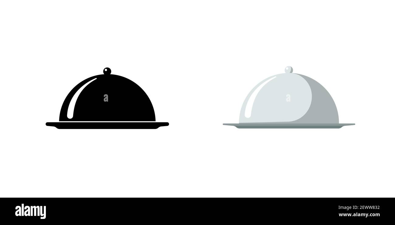 Chioche ristorante. Set di icone del vassoio di servizio del cibo del caffe'. Piatto coperto simbolo nero e argento su sfondo bianco. Piatto di cibo che serve cartelli. Illustrazione isolata dal vettore Illustrazione Vettoriale