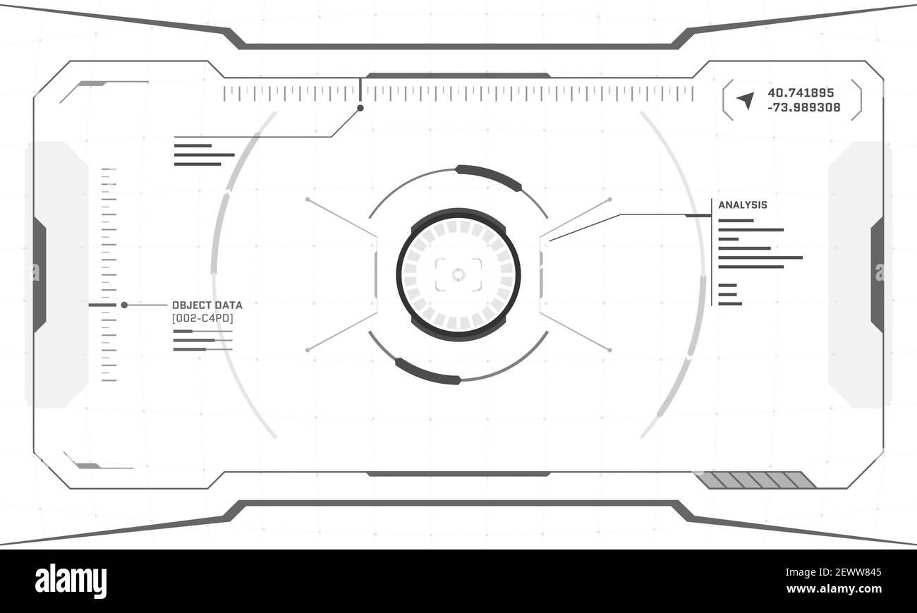 VR HUD interfaccia futuristica digitale design dello schermo cyberpunk su sfondo bianco. Display con testa in alto per la tecnologia di realtà virtuale fantascientica. Illustrazione vettoriale del pannello di interfaccia utente della GUI della tecnologia digitale Illustrazione Vettoriale