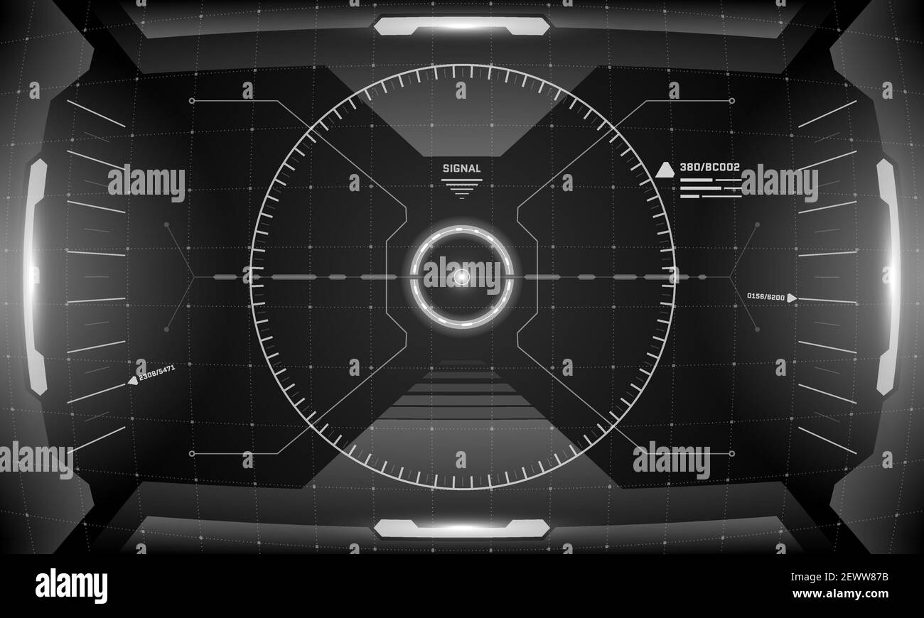 Interfaccia VR HUD con schermo cyberpunk, design in bianco e nero. Visore futuristico per la realtà virtuale fantascientica con testa in alto. Interfaccia grafica grafica grafica grafica grafica eps vettoriale del pannello del cruscotto con tecnologia digitale GUI Illustrazione Vettoriale