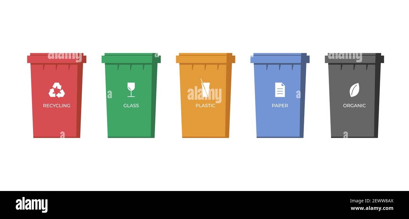 Contenitori di raccolta rifiuti. Bidoni colorati di carta, vetro, plastica e rifiuti organici per il riciclaggio. Set cestino rifiuti. Icone di utilizzo dei rifiuti. Salvare l'ambiente e l'illustrazione del concetto vettoriale ecologico Illustrazione Vettoriale