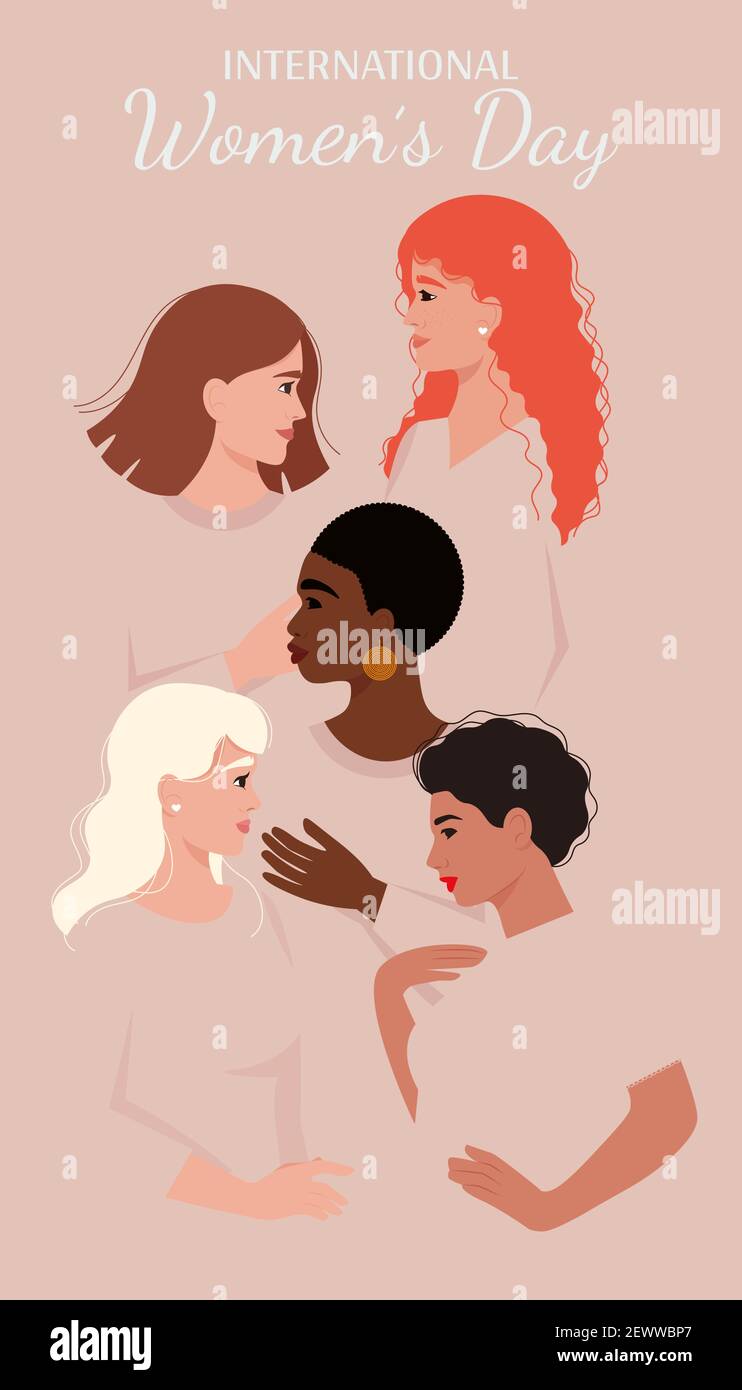 8 marzo, biglietto d’auguri per il giorno della donna. Donne di diverse nazionalità e culture. Illustrazione vettoriale in stile piatto Illustrazione Vettoriale