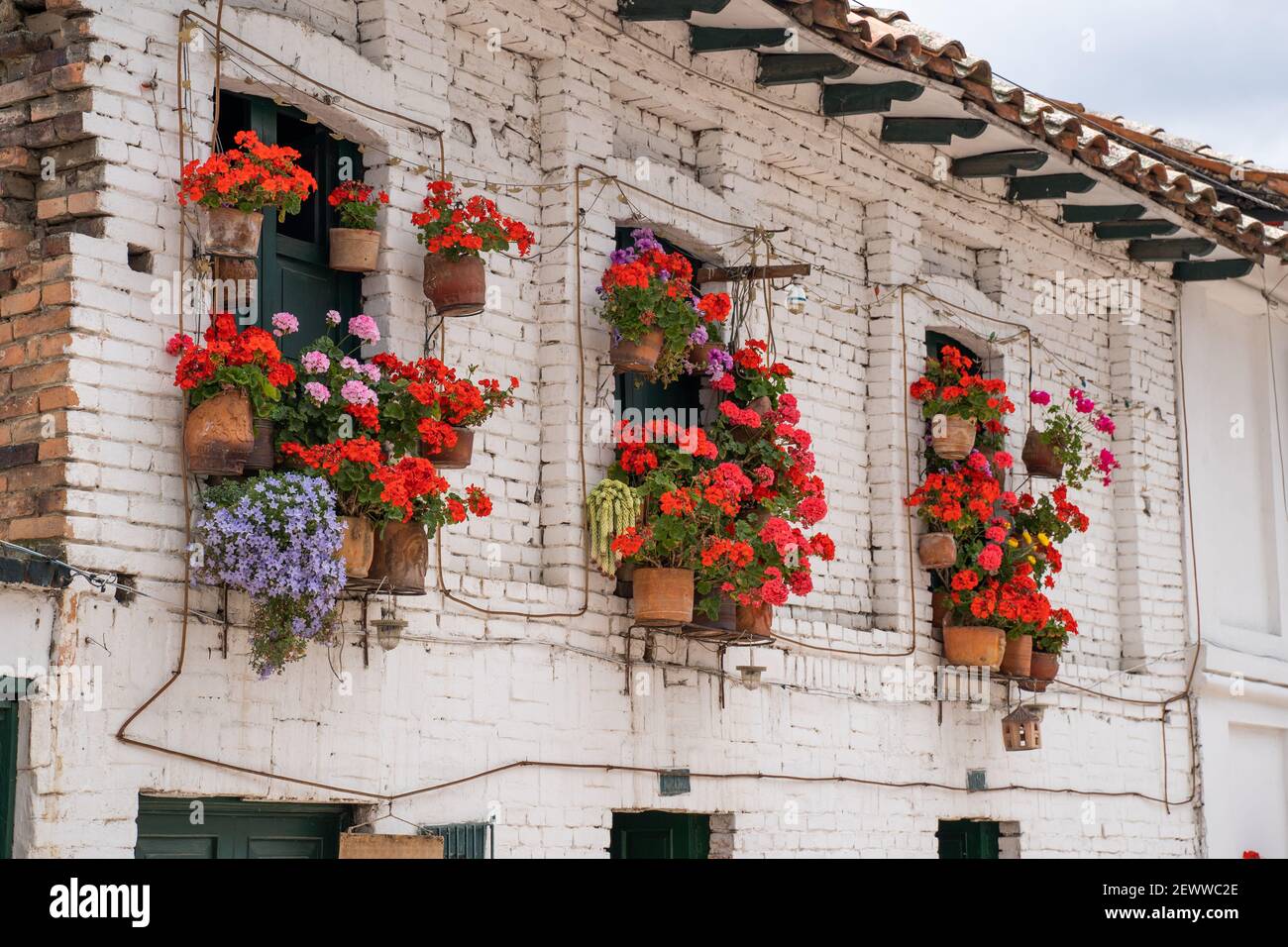 Facciata fiorita di casa tipica nel villaggio di Monguí, Boyacá, Colombia Foto Stock