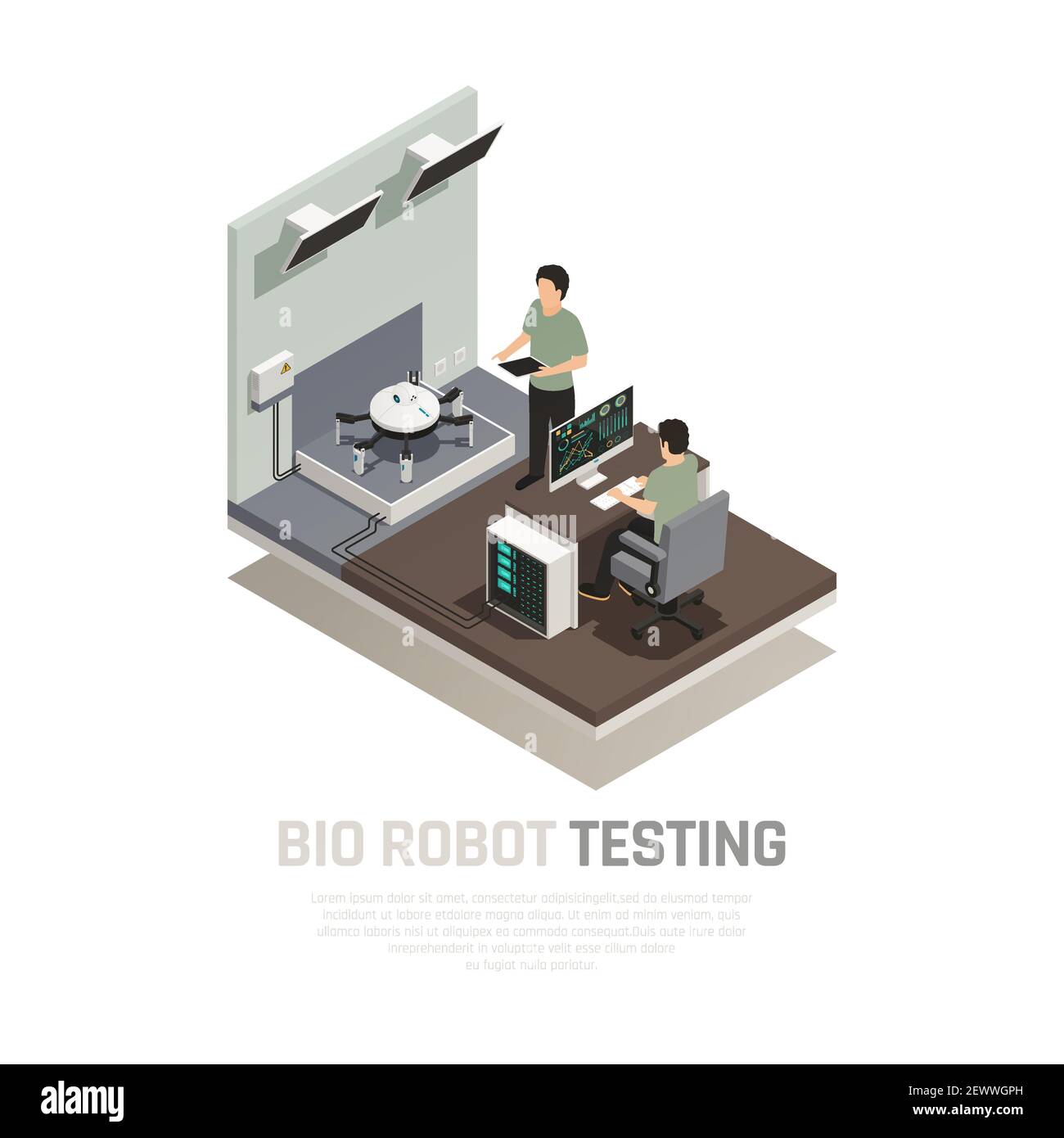 Test di bio robot ragno composizione isometrica uomini con attrezzature durante l'ispezione dell'illustrazione vettoriale automatica del dispositivo Illustrazione Vettoriale