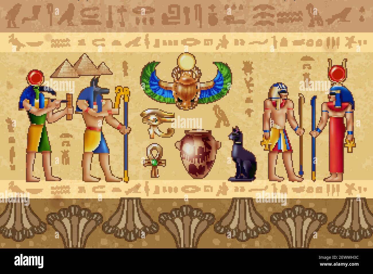 Egitto illustrazione vettoriale orizzontale con antiche divinità egiziane e confine modello composto da simboli occulti Illustrazione Vettoriale