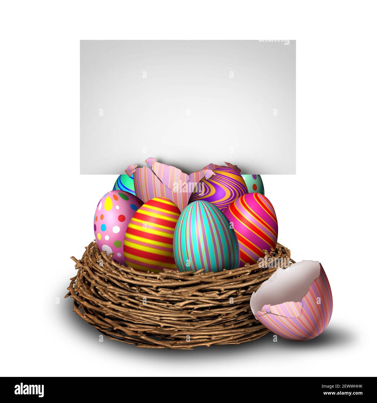 Pasqua banner stagione primavera festa con un pulcino giallo seduto su un mucchio di uova decorate dipinte in un nido come un simbolo festivo. Foto Stock