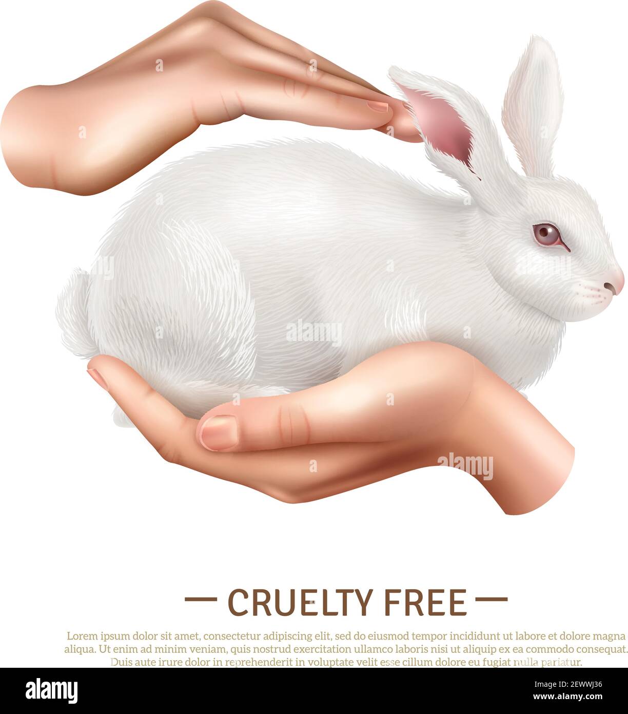 Concetto di progettazione crudeltà libera con poco coniglio carino in umano mani come simbolo della protezione degli animali illustrazione vettoriale realistica Illustrazione Vettoriale