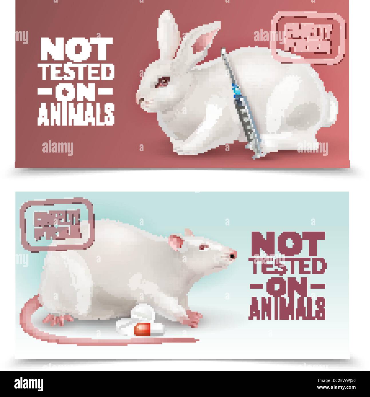 Non testato su animali striscioni orizzontali con coniglio ratto medico siringa e pillole immagini realistiche illustrazione vettoriale Illustrazione Vettoriale