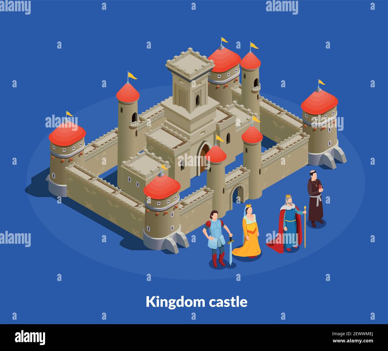 castello fortificato regno medievale con mura in pietra torri composizione isometrica con il re regina vescovo cavaliere illustrazione vettoriale Illustrazione Vettoriale