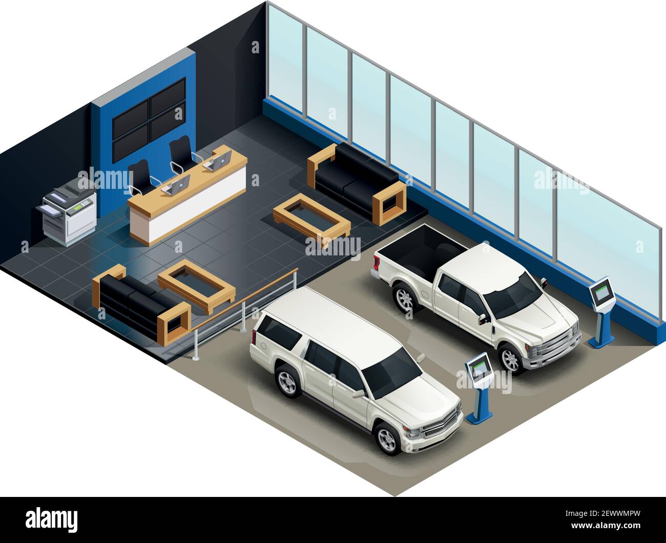 Salone di vendita automatica composizione isometrica realistica con 2 veicoli elettronici visualizzazione delle informazioni immagine vettoriale dell'unità di assistenza clienti Illustrazione Vettoriale