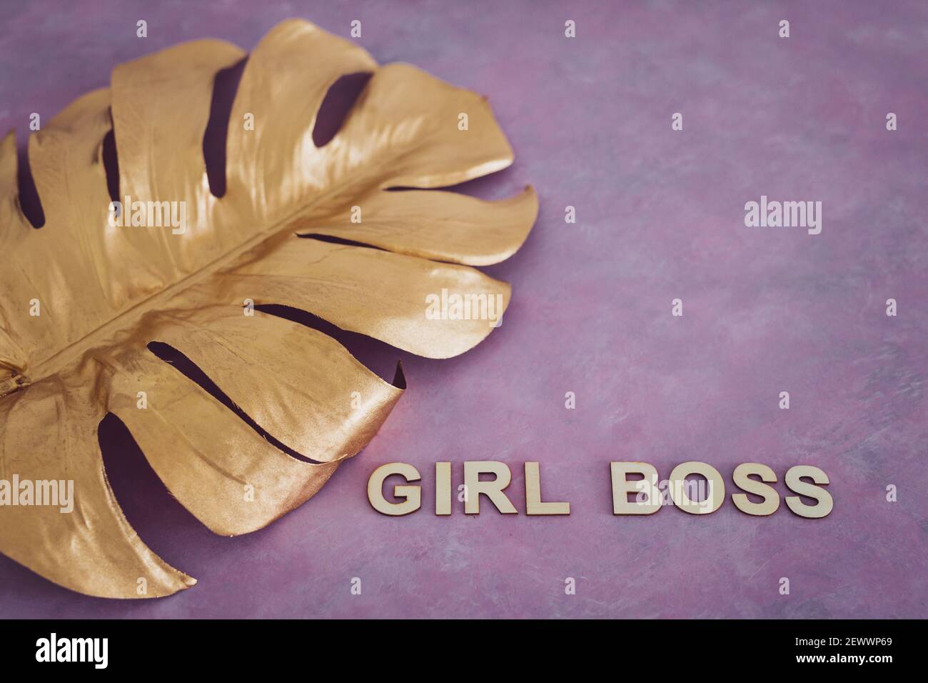 Pari opportunità Girl Boss testo in cima alla foglia d'oro simbolo di ricchezza e lusso su sfondo rosa Foto Stock