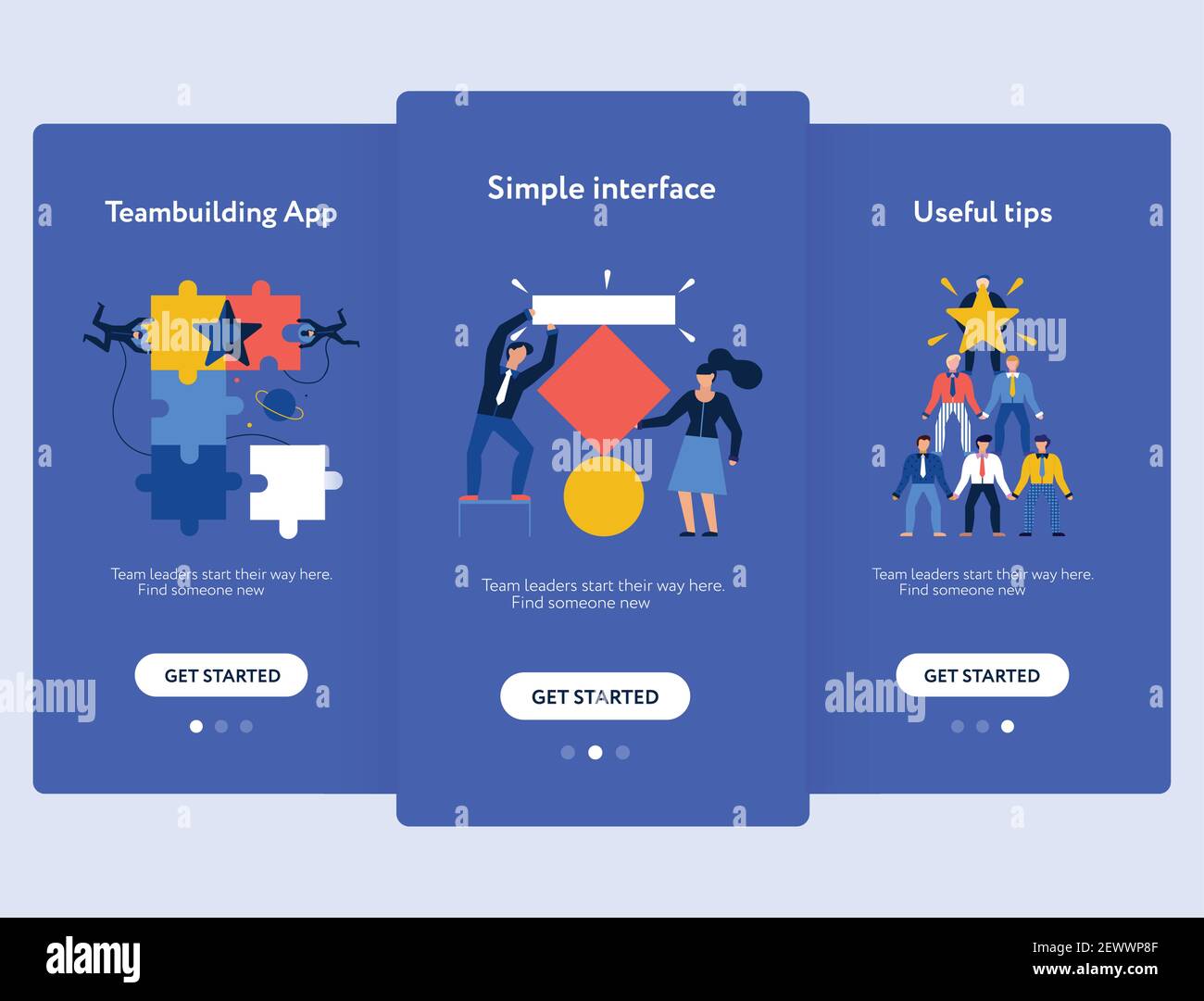 Set di schermi mobili per il lavoro di squadra con interfaccia e simboli dei suggerimenti piatti illustrazione vettoriale isolata Illustrazione Vettoriale