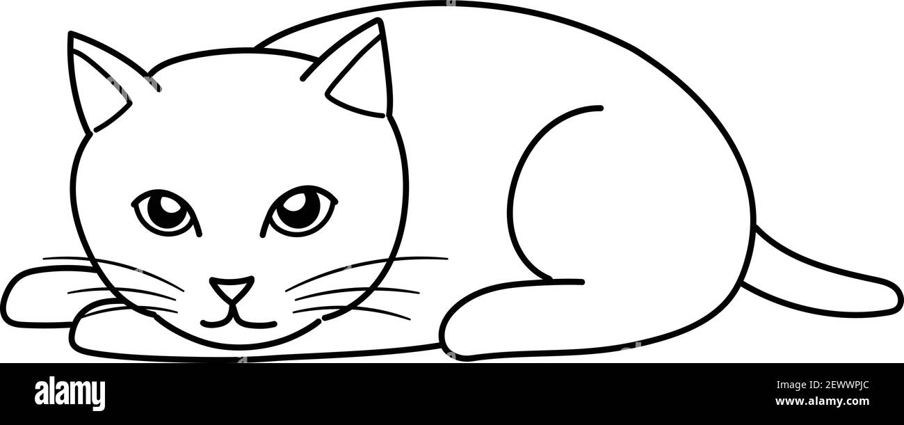 Gatto che giace rivolto verso il basso. Disegno di linea su sfondo bianco. Illustrazione Vettoriale