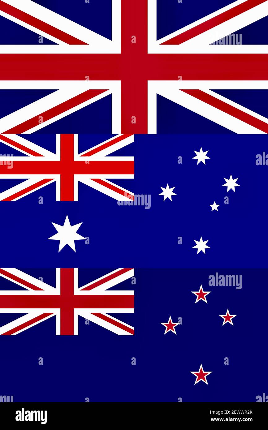 Un'illustrazione delle bandiere nazionali del Regno Unito, dell'Australia e della Nuova Zelanda Foto Stock