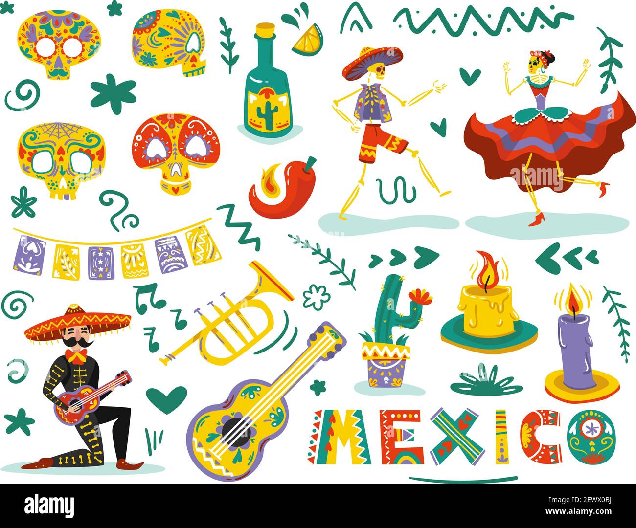 I simboli messicani dei morti di giorno attributi insieme colorato con scheletri danzanti teschi di zucchero maschere sfondo bianco illustrazione vettoriale illustrazione Illustrazione Vettoriale