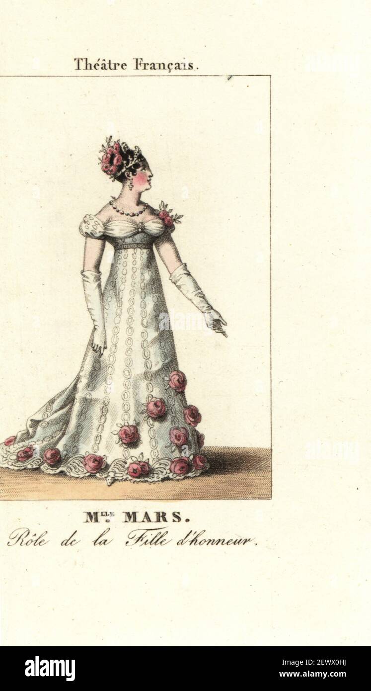 Mademoiselle Mars nel ruolo di titolo in la Fille d'honneur di Alexandre Duval, Theatre Francais. 1819. Anne Françoise Hyppolyte Boutet Salvetat, attrice francese, 1779 -1847. Incisione a mano su copperplate da le Musee des Theaters dedie aux dames, Premiere Annee, Firmin Didot, Parigi, 1819. Foto Stock