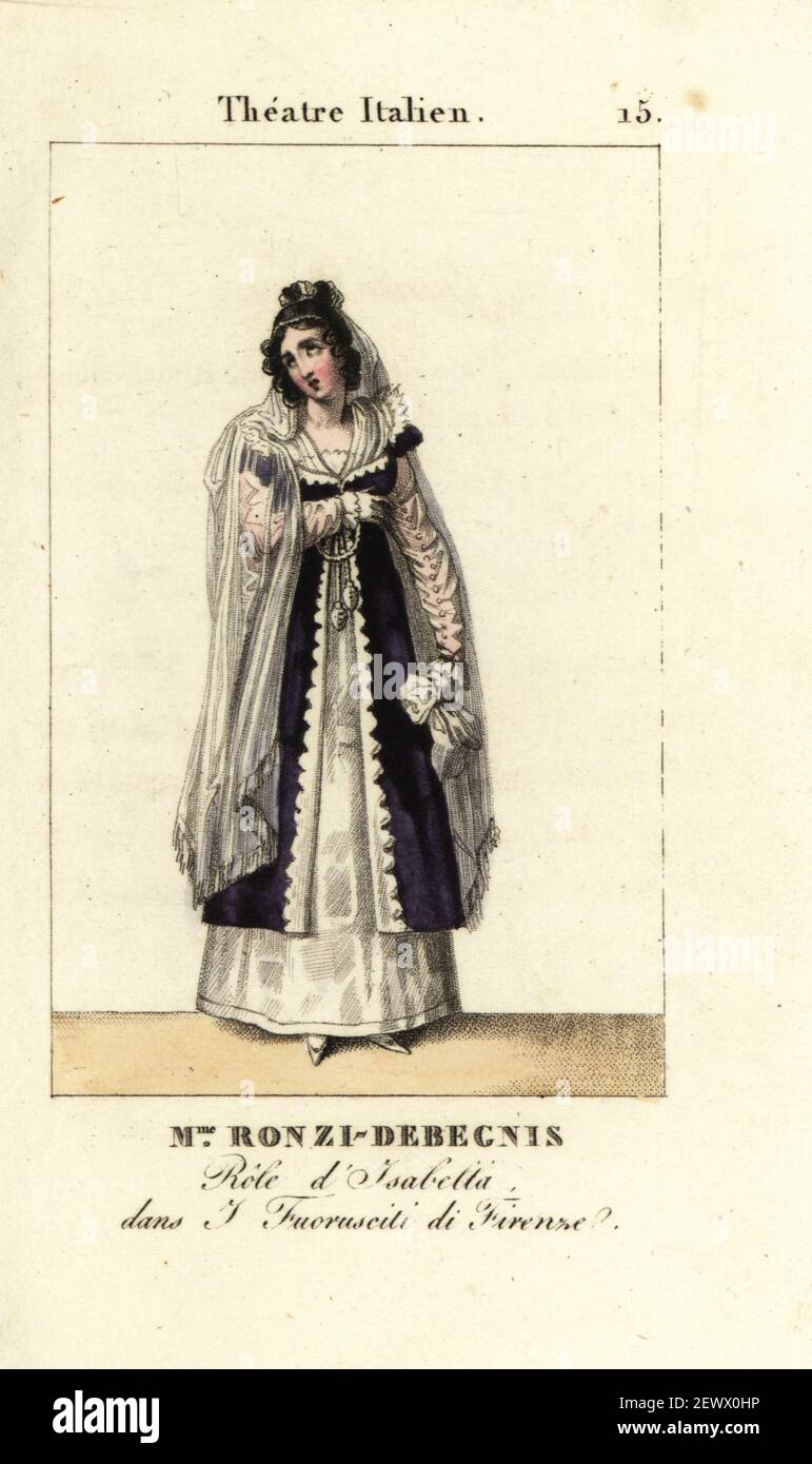 Madame Ronzi-Debegnis nel ruolo di Isabella in i Fuoruscit di Firenze di Ferdinando Paer, Theatre Italien, Parigi, 1819. Giuseppina Ronzi de Begnis, cantante lirica soprano italiano, 1800-1853. Incisione a mano su copperplate da le Musee des Theaters dedie aux dames, Premiere Annee, Firmin Didot, Parigi, 1819. Foto Stock