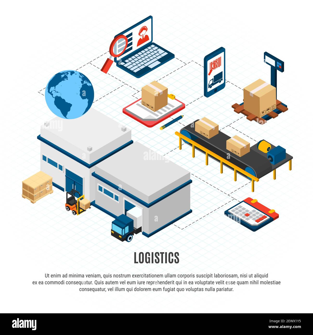 Servizio di consegna online logistico diagramma di flusso isometrico con veicoli di trasporto e. illustrazione vettoriale isometrica 3d dell'edificio del magazzino Illustrazione Vettoriale