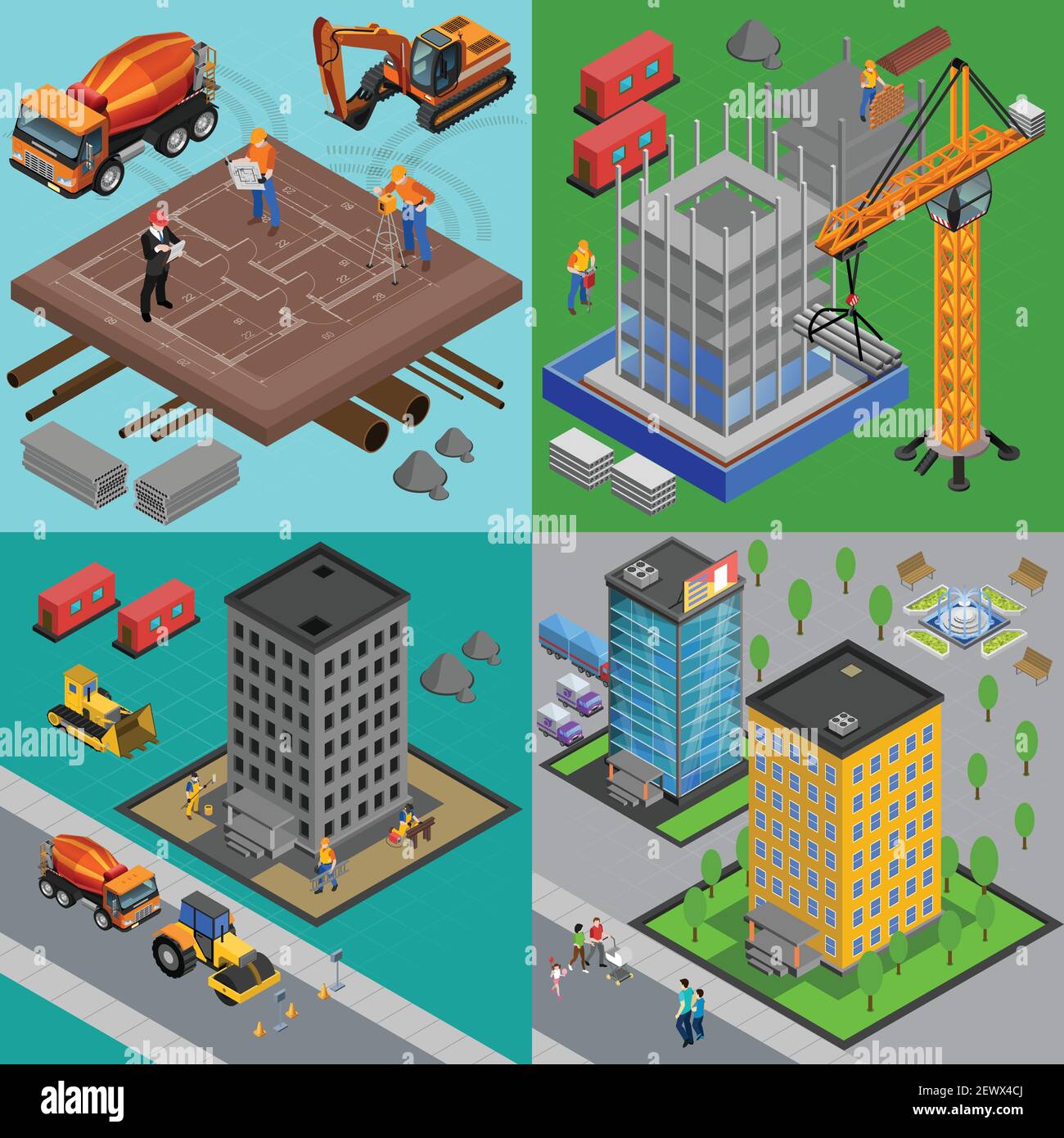 Progettazione isometrica della costruzione con vista sui cantieri edili e. case in diversi punti di costruzione illustrazione vettoriale Illustrazione Vettoriale