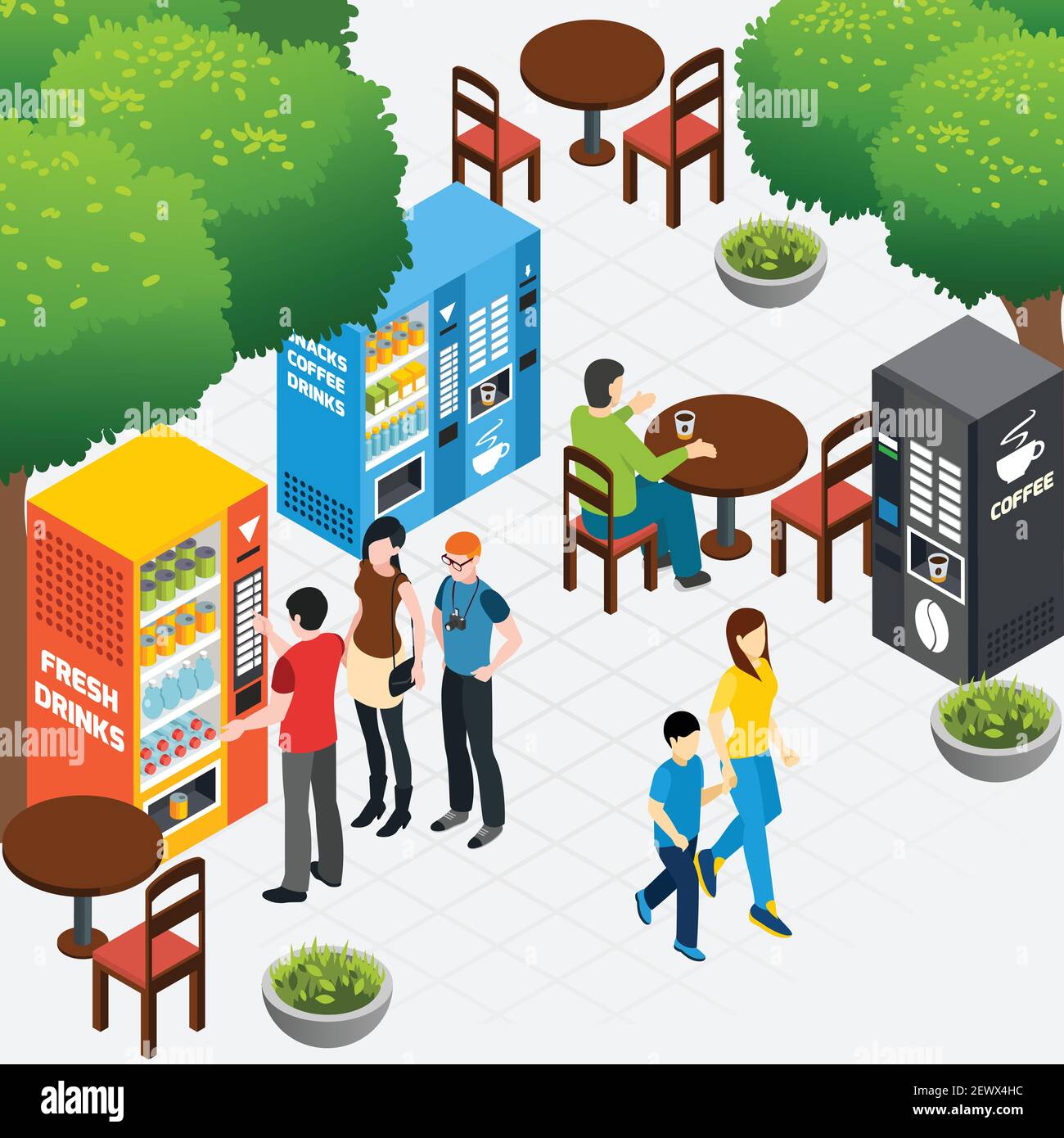 Composizione isometrica con caffè all'aperto e persone che acquistano caffè e. spuntini nei distributori automatici illustrazione vettoriale 3d Illustrazione Vettoriale