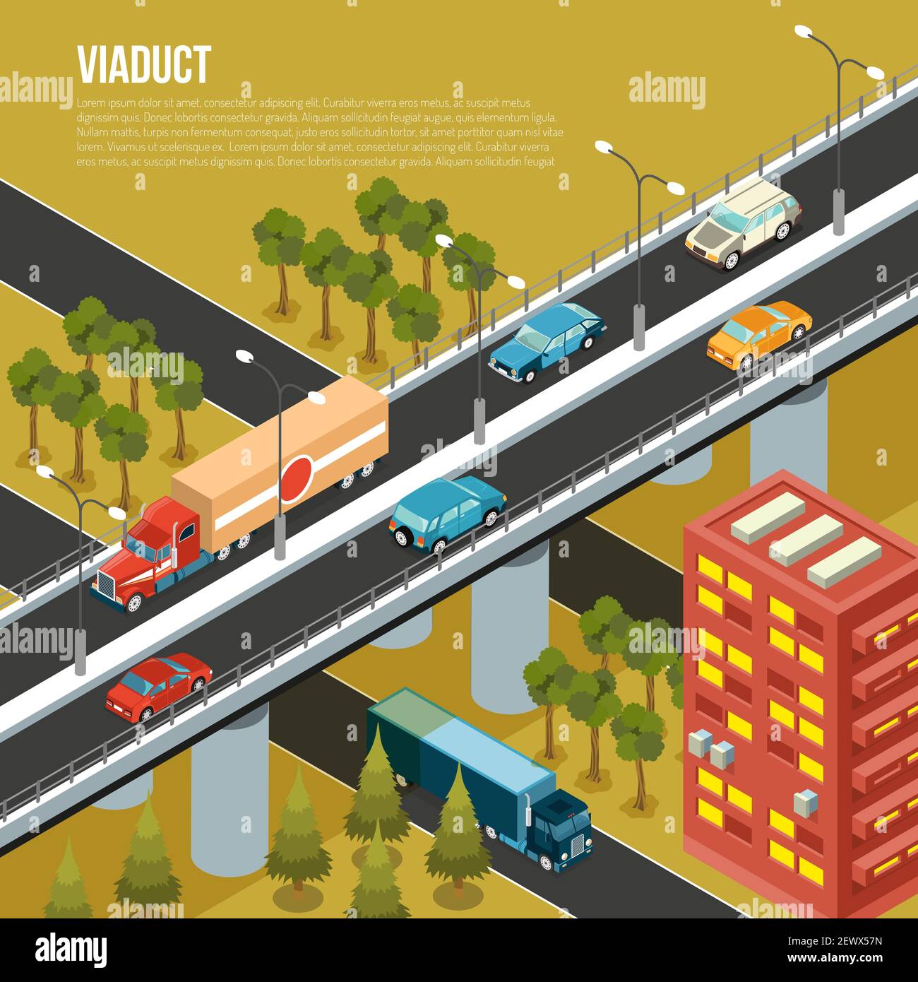 Viadotto veicolare che trasporta il traffico sulle strade trafficate della città periferica e l'illustrazione vettoriale della composizione isometrica della valle adiacente Illustrazione Vettoriale