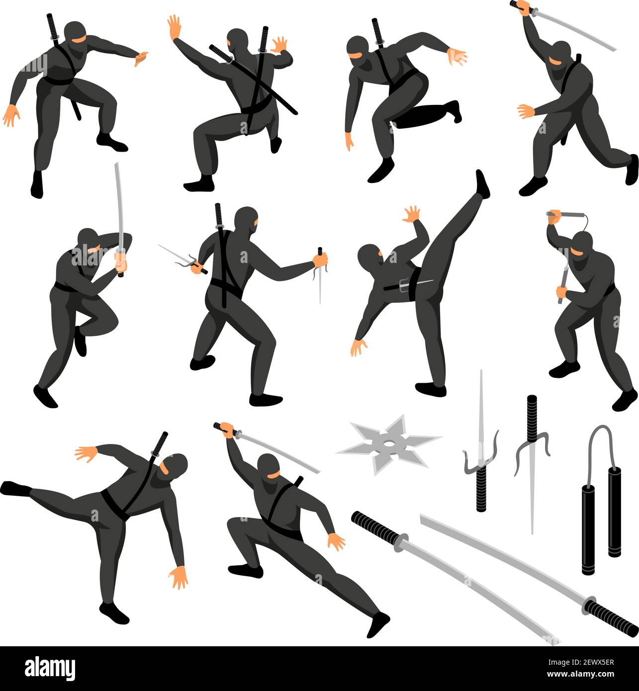 Ninja isometrica insieme di icone isolate con caratteri umani di guerriero in pose vaziose con armi illustrazione vettoriale Illustrazione Vettoriale