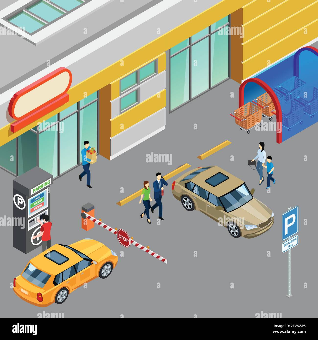 Composizione isometrica colorata con distributore automatico nella zona di parcheggio vicino illustrazione vettoriale 3d del centro commerciale Illustrazione Vettoriale