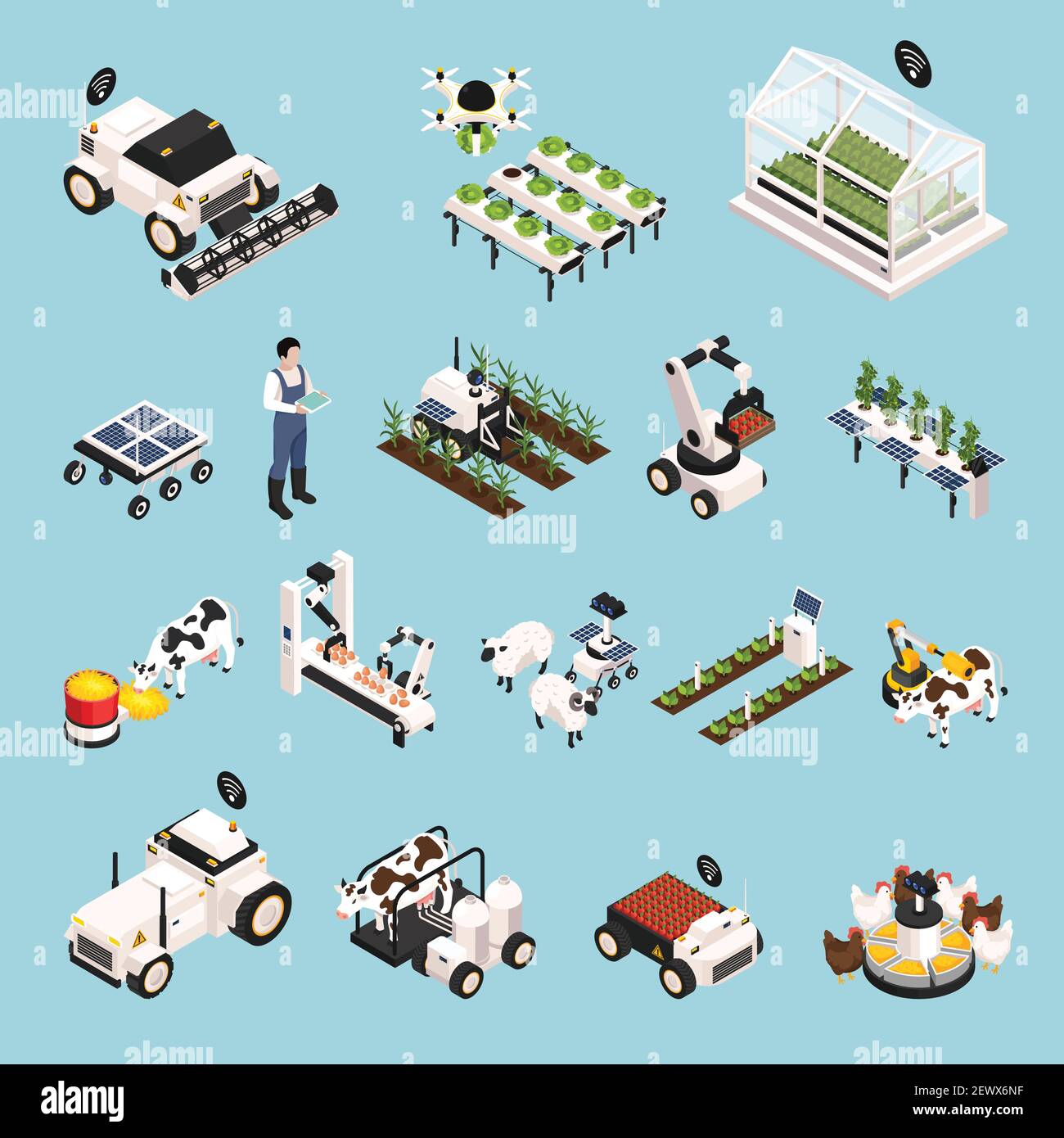 Smart farm Set con simboli tecnologici illustrazione vettoriale isometrica isolata Illustrazione Vettoriale