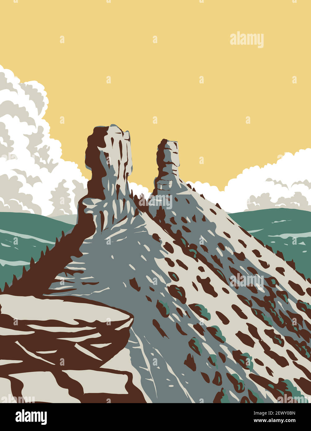 Poster WPA del Chimney Rock National Monument in San Juan National Forest nel sud-ovest del Colorado, che comprende un sito archeologico fatto io Illustrazione Vettoriale