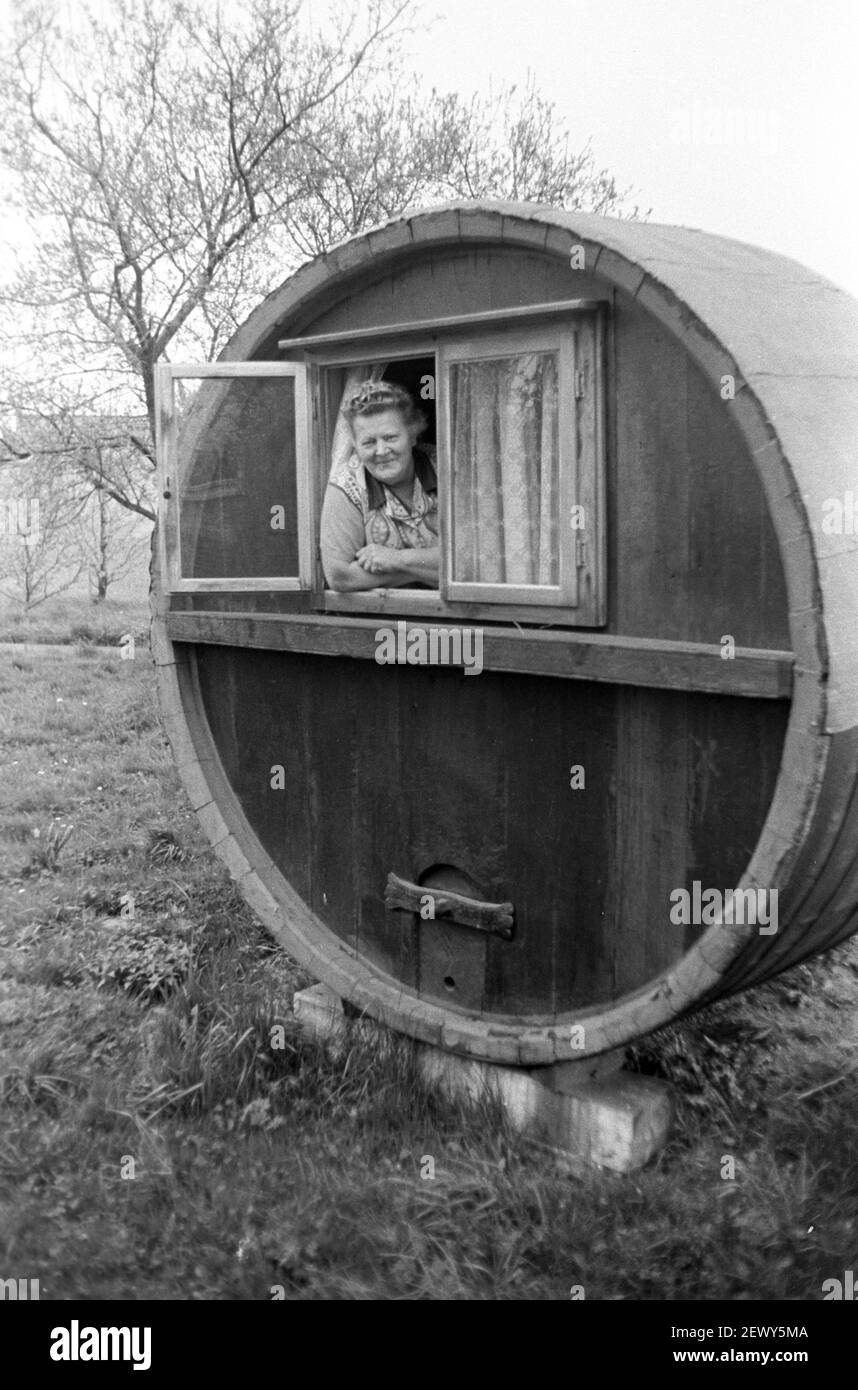15 agosto 1982, Sassonia, Delitzsch: Una donna guarda fuori dalla sua botte di vino, che funge da piccolo bungalow, nel distretto di Delitzsch nella primavera 1982. Data esatta della registrazione non nota. Foto: Volkmar Heinz/dpa-Zentralbild/ZB Foto Stock