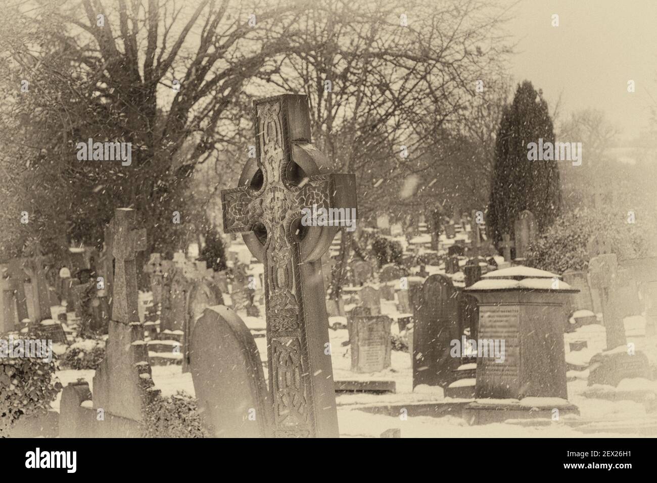 Immagine in bianco e nero di tombe antiche e lapidi nel cimitero di Hampstead, Londra, Regno Unito Foto Stock