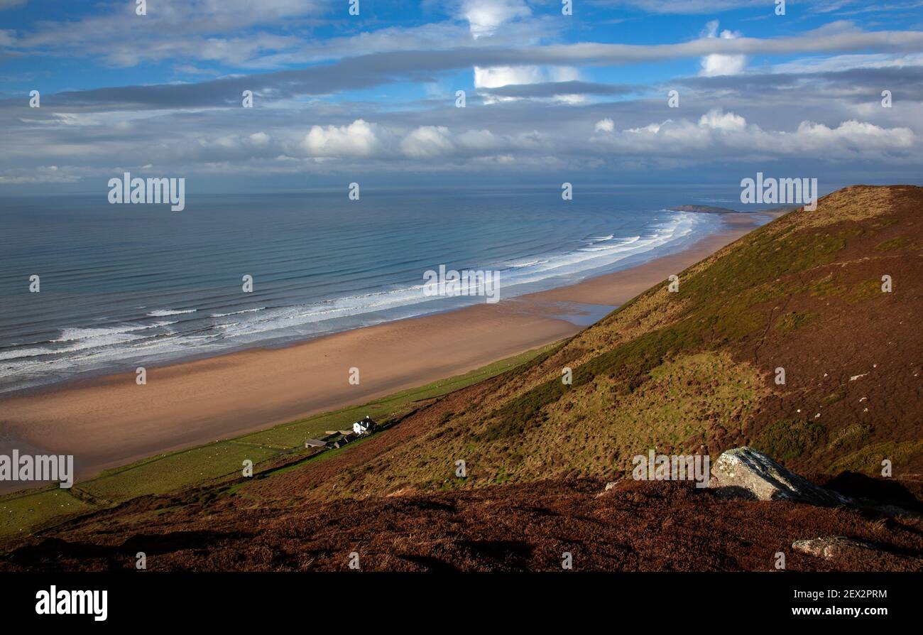 Rhossili spiaggia e baia, penisola di Gower, Galles Foto Stock