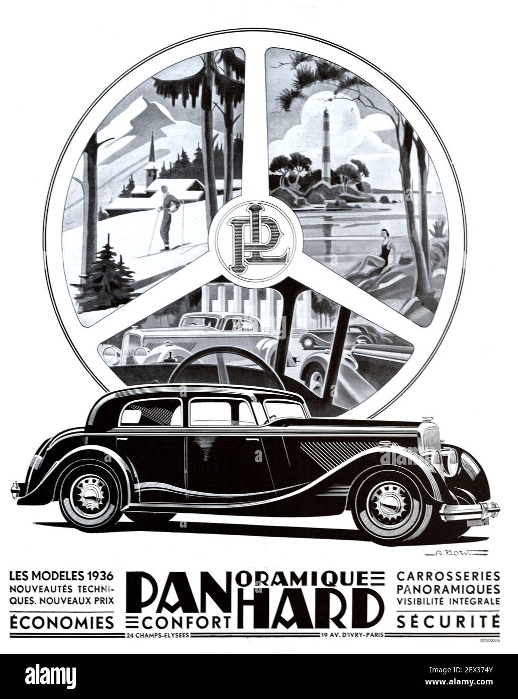 Annuncio d'epoca, pubblicità o pubblicità per un'auto, un'automobile o un'automobile di gamma dinamica di Panhard d'epoca 1935 Illustrazione che mostra l'automobile di Panhard e le immagini turistiche della vista di montagna & del mare incorniciate da un volante Foto Stock