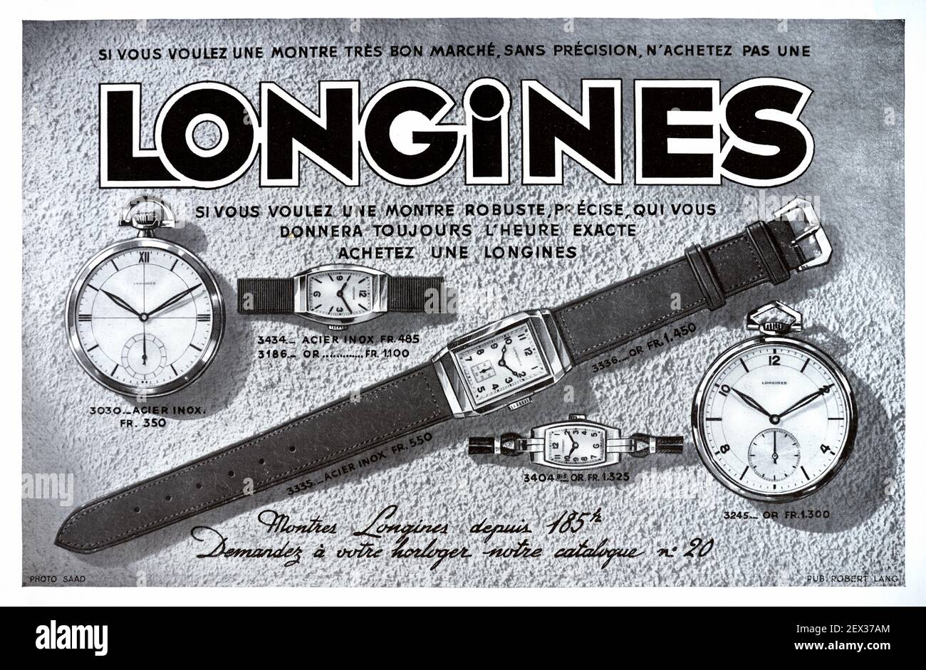 Annunci d'epoca, pubblicità o pubblicità per orologi Longines, orologi da  donna o orologi da polso 1935 Illustrazione Foto stock - Alamy