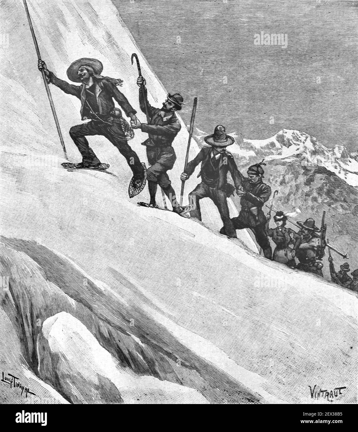 Primi turisti arrampicare Vulcano Popocatepeti con Guide di montagna Messico 1896 Illustrazione o incisione vintage Foto Stock