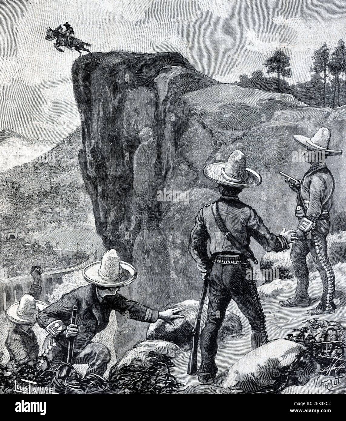 Il membro messicano di bandito, fuorilegge o Gang si suicidò per evitare la cattura da parte di cowboys messicani Messico 1896 Vintage Illustration o Old Engraving Foto Stock