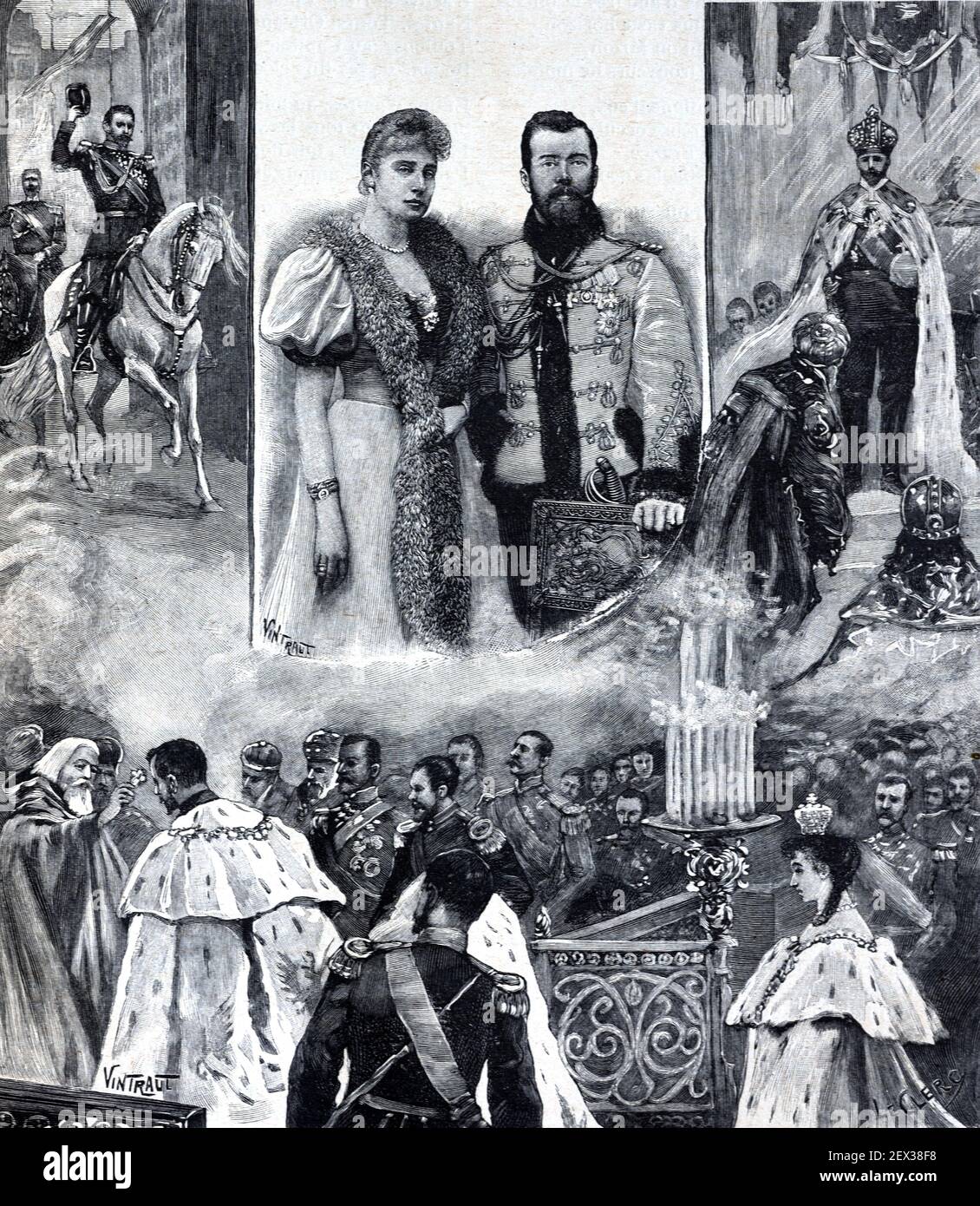 Illustrazione che celebra o commemora la vita e il Regno di Tsar Nicola II e Russia (1868-1918) l'ultimo imperatore o la Russia 1896 Illustrazione d'epoca o incisione vecchia Foto Stock