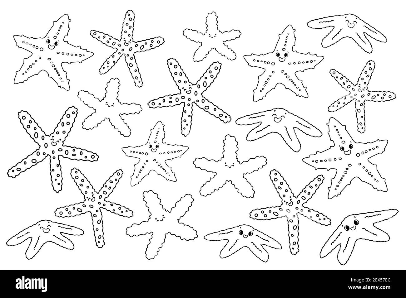 Set di vettore nero bianco isolato contorno cartoon colorate stelle del mare o Starfish con gli occhi, sorriso. Doodle Marine invertebrati con cinque braccia su whit Illustrazione Vettoriale