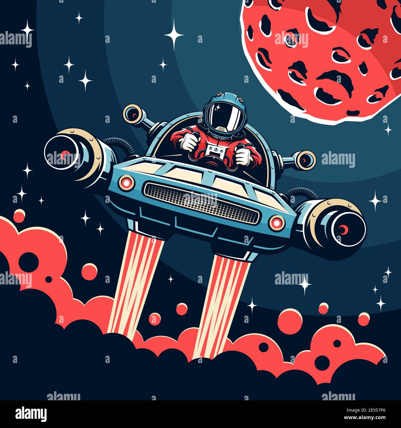 Poster spaziale d'epoca con pilota astronauta della navicella spaziale personale Illustrazione Vettoriale