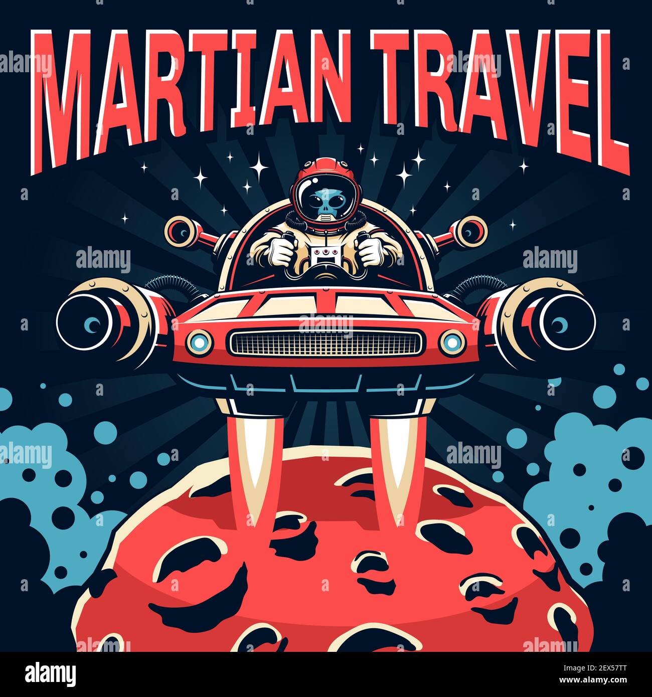 Poster retrò fantastico con astronauta in navicella spaziale che sorvola Marte Illustrazione Vettoriale