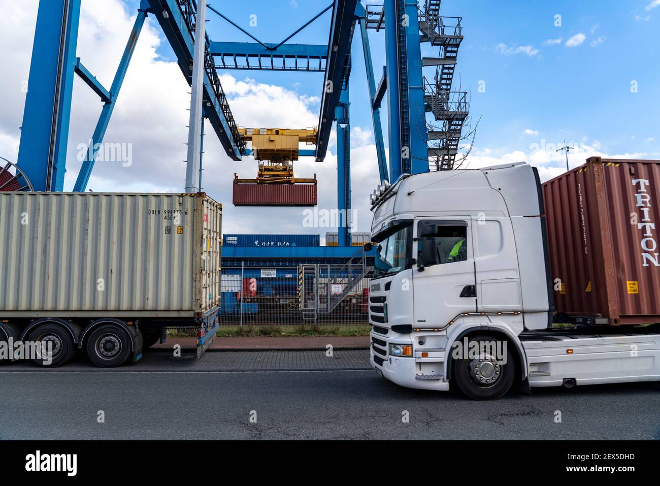 Carico di container nel porto di Duisburg, Logport, DIT, terminal intermodale di Duisburg, Duisburg-Rheinhausen, NRW, Germania, Foto Stock