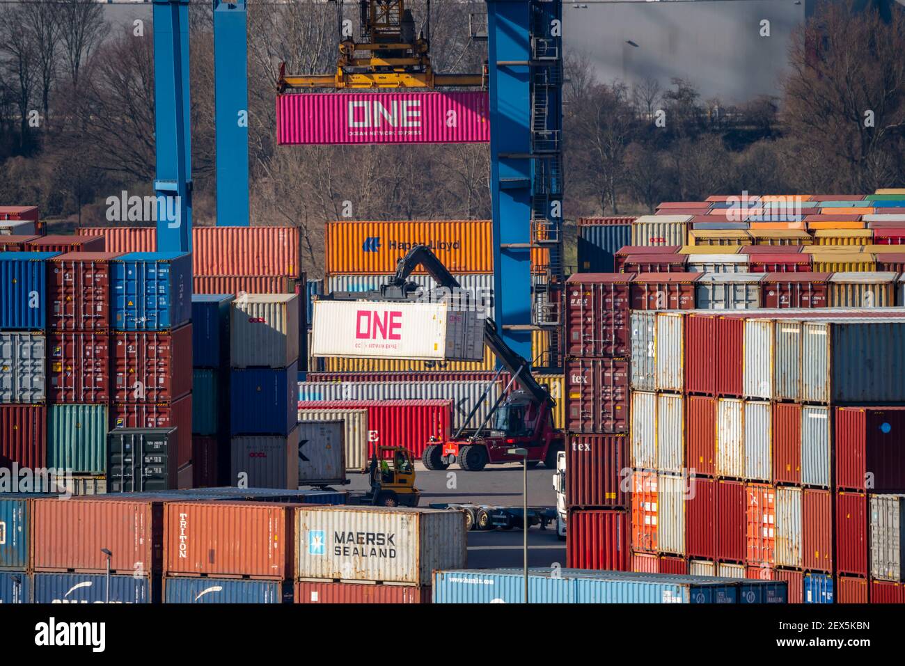 Container Terminal, Gateway West Terminal, Logport 2, a Duisburg, sul fiume Reno, NRW, Germania, Foto Stock