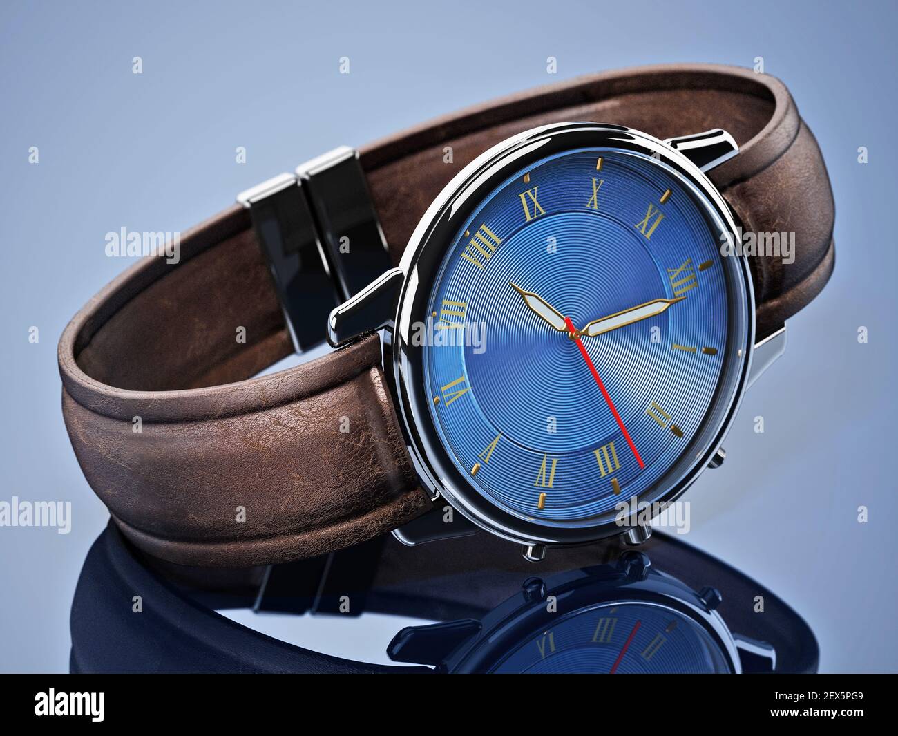 Orologio da uomo classico su sfondo blu. Illustrazione 3D. Foto Stock
