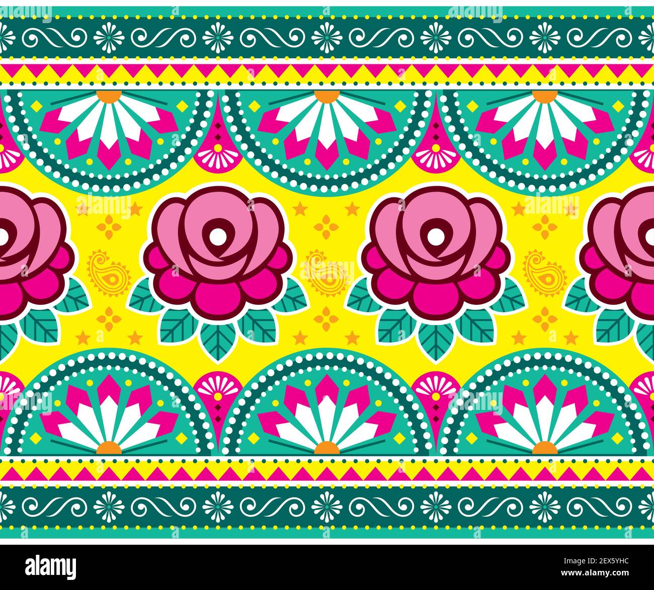 Indiano e pakistano vettore arte camion senza cuciture lungo disegno orizzonte con rose, floreale Diwali vivace motivo in rosa e verde Illustrazione Vettoriale