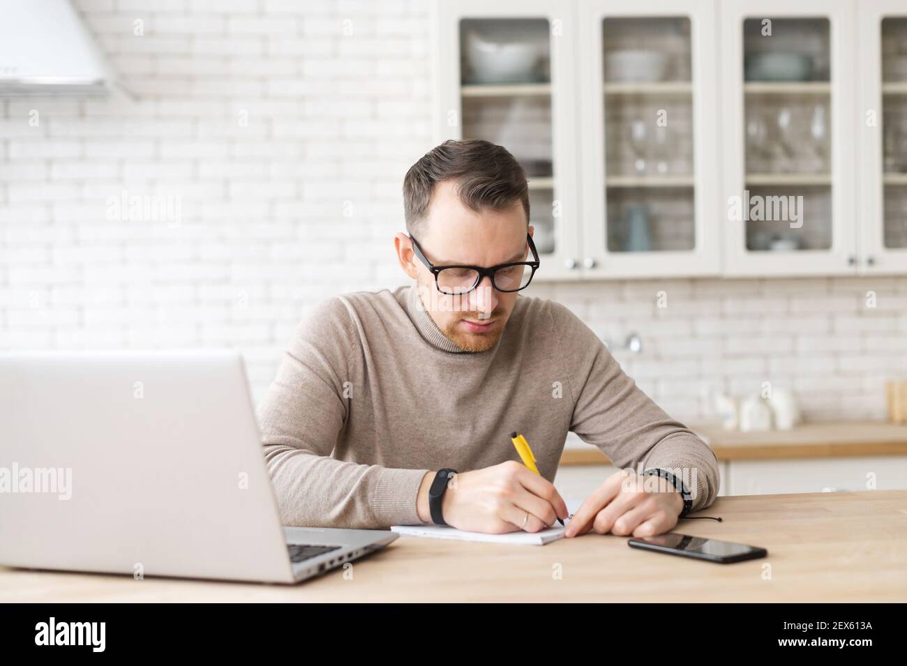 Serio intelligente concentrato giovane uomo d'affari freelancer lavorando su laptop, facendo ricerca di mercato on-line, lavorando su progetto da casa, la creazione di piano o il controllo di rendiconto finanziario, prendendo appunti Foto Stock