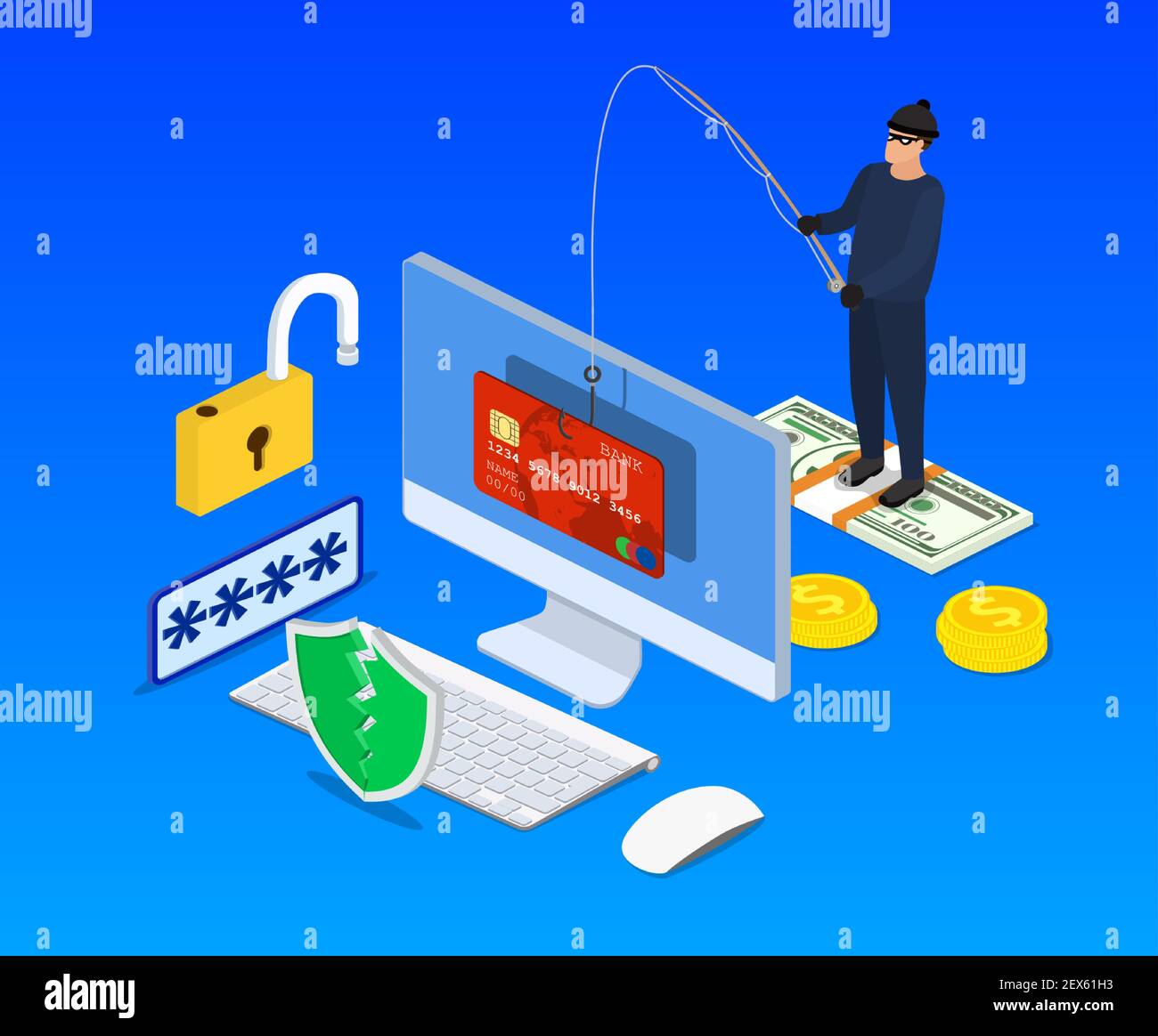 Concetto di attacco di phishing e hacking su Internet. Illustrazione Vettoriale