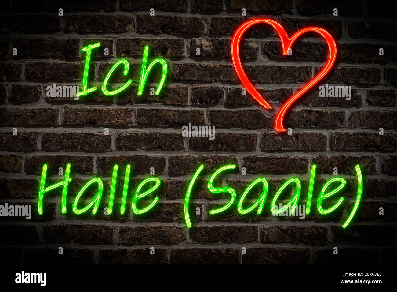 Leuchtreklame, Ich liebe Halle (Saale), Sachsen-Anhalt, Deutschland, Europa | Pubblicità illuminata, i love Halle (Saale), Sassonia-Anhalt, Germania, E. Foto Stock