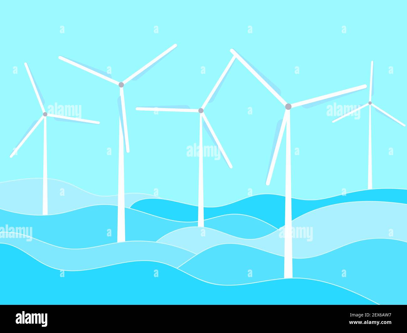 Turbine eoliche in mare. Eolico offshore. Energia verde rinnovabile, produzione pulita di elettricità. Stagcape con onde in uno stile piatto. Illupr. Vettore Illustrazione Vettoriale